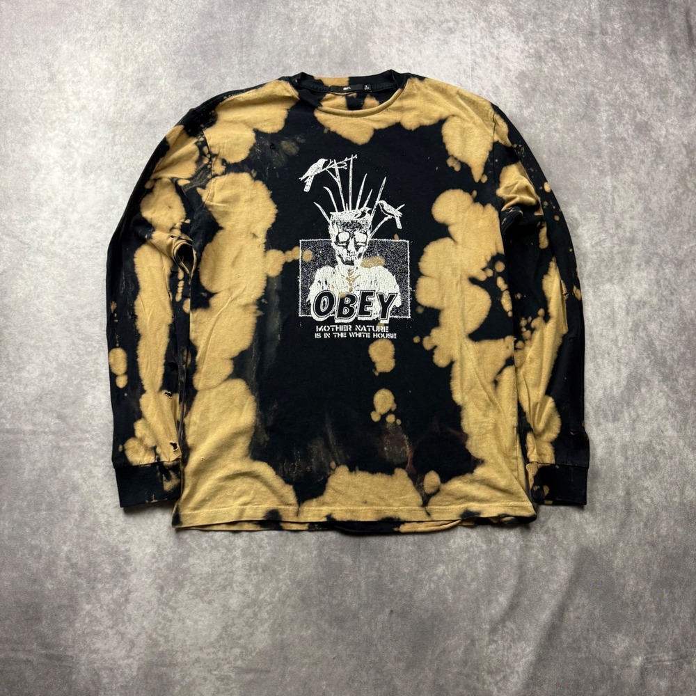 Obey Skull Bleach Wash Long Sleeve Graphic Tee Black Tan Small